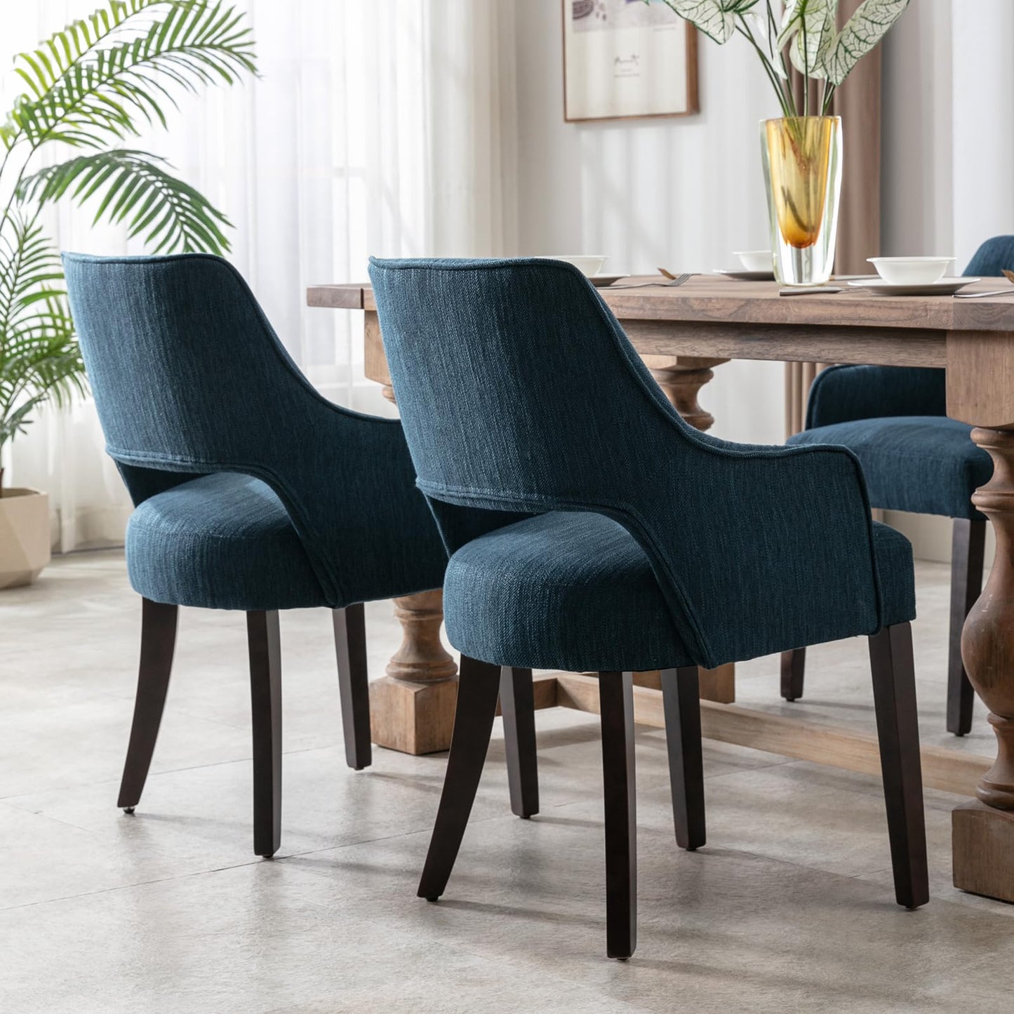 DM Furniture Farmhouse Dining Chairs Set of 2 Upholstered Linen Kitchen Chairs Accent Side Chair with Solid Wood Legs/Armrest for Living Room/Dining Room/Bedroom/Restaurant, Blue