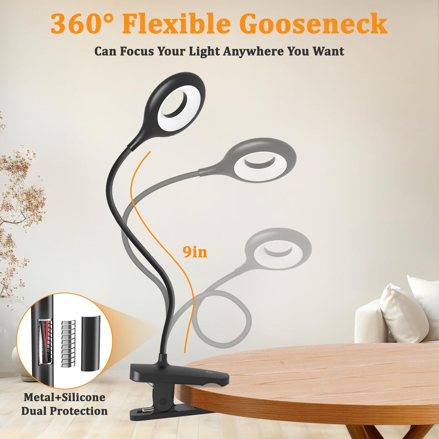 HECDSTLY 2 Pack Clip on Reading Light for Bed Headboard, Battery Rechargeable Large Clamp Bed Lamp - 5 Colors 5 Brightness, Flexible Arm Book Light at Night for Kids Bunk Desk Metal Bed Frame