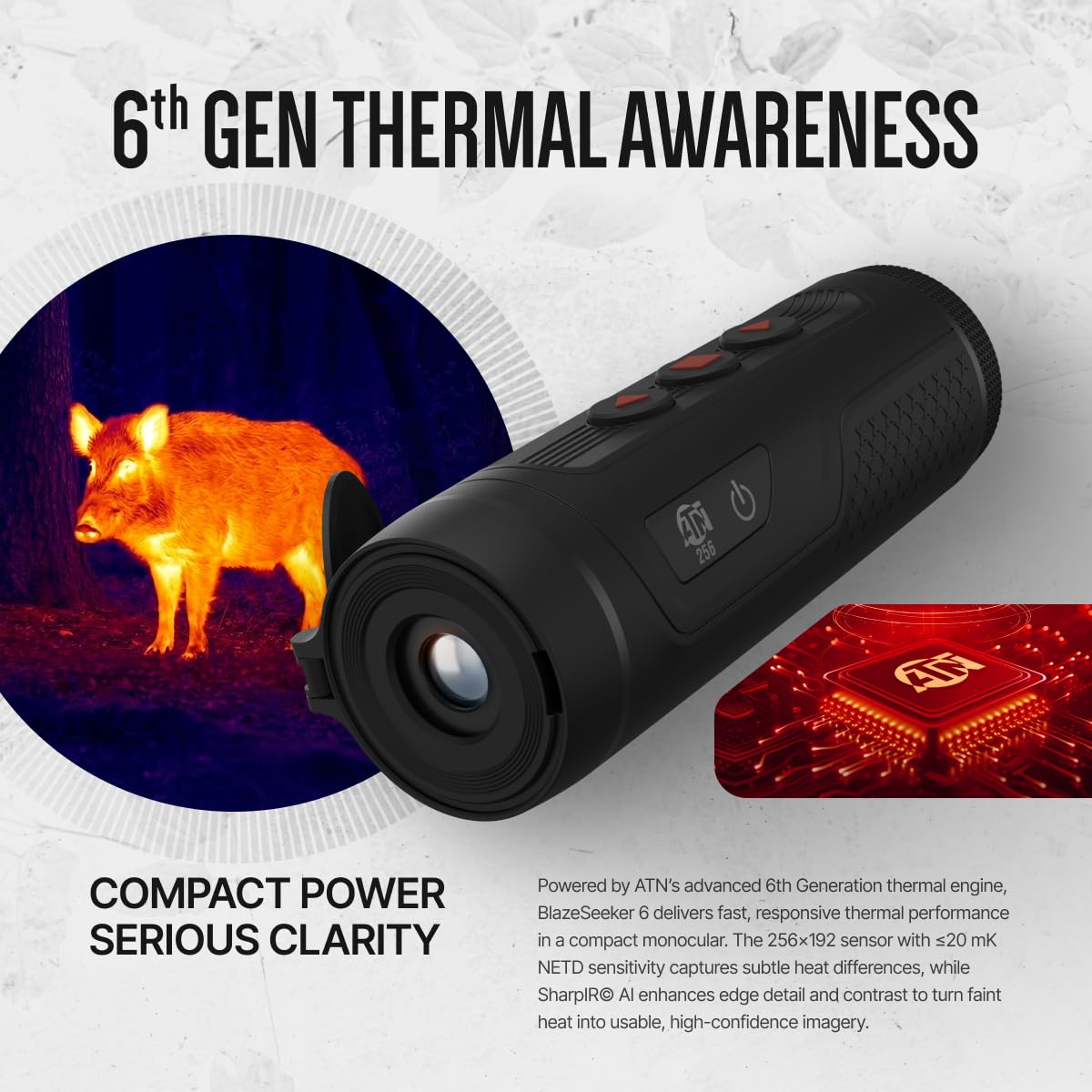 ATN BlazeTrek 6 Thermal Monocular, 6th Gen Thermal Engine, 384/640 Resolution, SharpIR AI, 50Hz, IP67, WiFi & Recording (640x512 Sensor, 14, x)