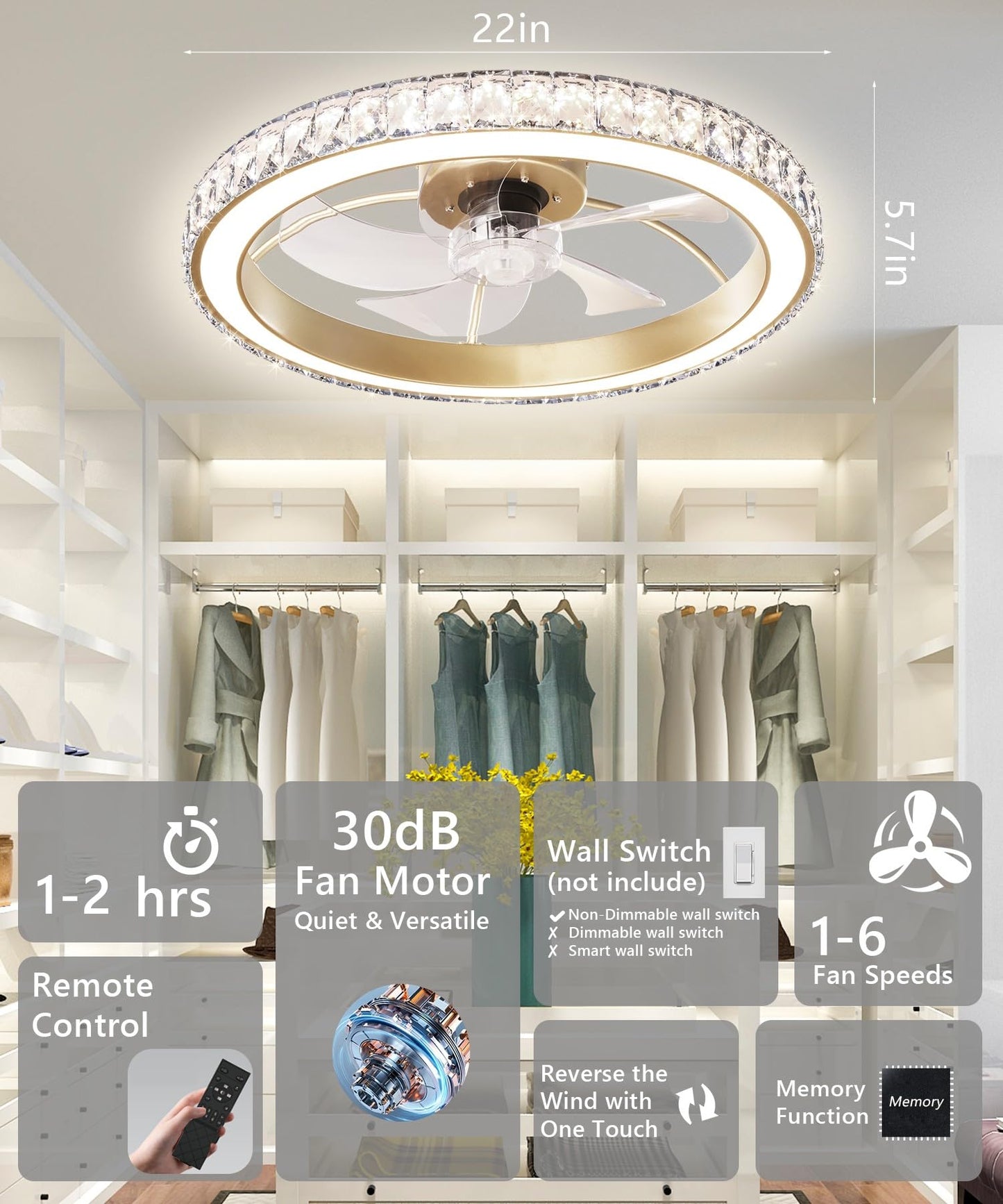 Aipsun Low Profile Modern Crystal Chandelier Ceiling Fans with Lights and Remote, 3000K-6500K Smart Bladeless LED Fan Light, 22" Gold Modern Ceiling Fans with Lights for Bedroom