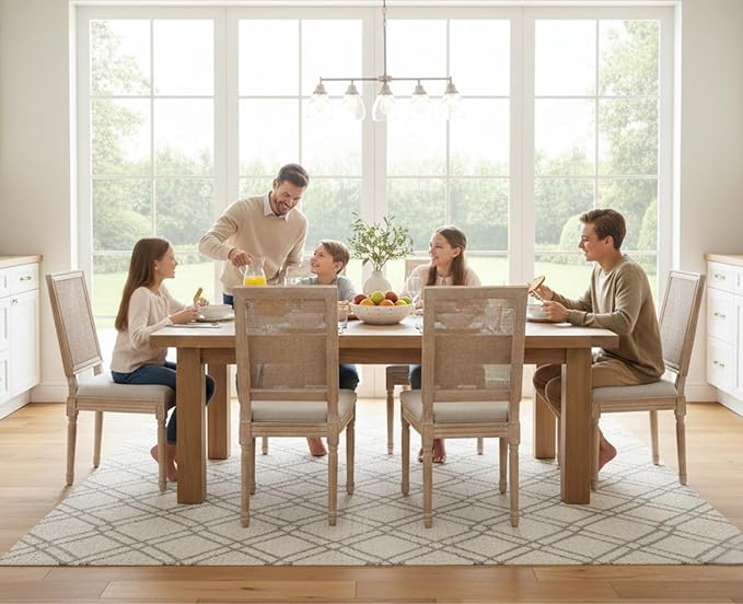 CIMOTA Farmhouse Dining Chairs Set of 8, French Rattan Dining Room Chairs with Rectangle Back/Distressed Wood Upholstered Vintage Side Chairs for Kitchen/Restaurant, Linen Beige/8PCS