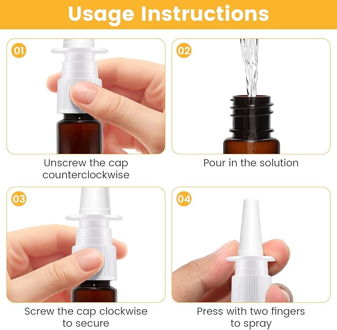 14-Pack 3.4oz Empty Nasal Spray Bottles, 0.125mL per Spray, Leak-Proof Travel-Sized Refillable Plastic Spray Bottle with Protective Cap for Saline Solution & Essential Oils (Brown)