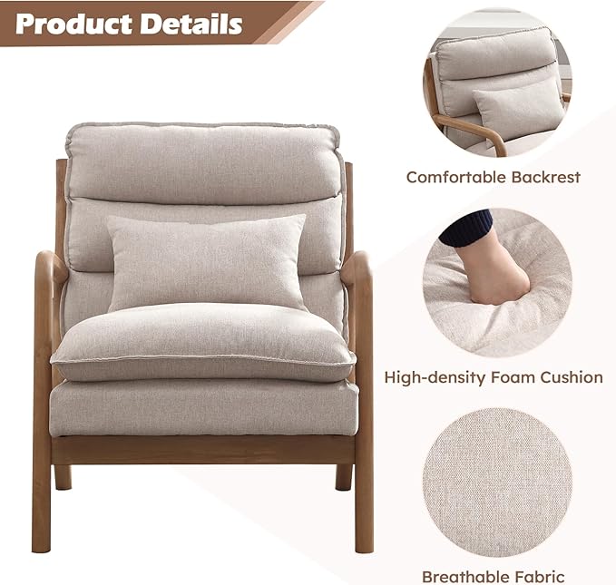 IOMOR Mid Century Modern Accent Chair, Upholstered Lounge Armchair with Plump Back Pillow, Comfy Reading Chair with Solid Wood Frame for Bedroom Living Room Set of 2, Beige