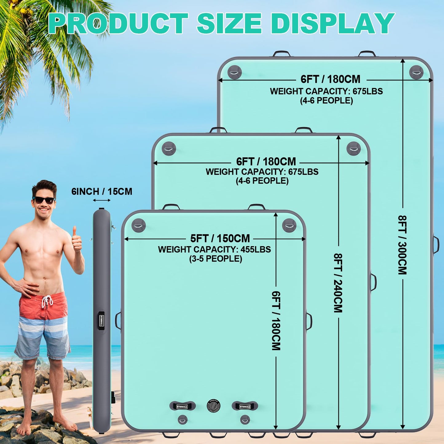GYMMALL Inflatable Floating Dock Platform, 8ft*6ft Air Dock Platform Floating Island Raft with None-Slip Surface, 6in Thick Water Floating Dock Mat for Swimming Pool Lake Beach Ocean - Gray Green