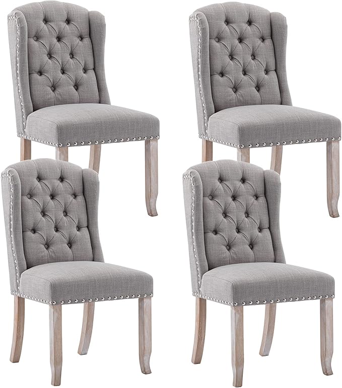 DUOMAY Modern Tufted Dining Chairs Set of 4, Linen Upholstered Dining Room Chairs Armless Guest Side Chair for Kitchen Dining Room, Wingback Accent Chairs with Solid Wood, Grey