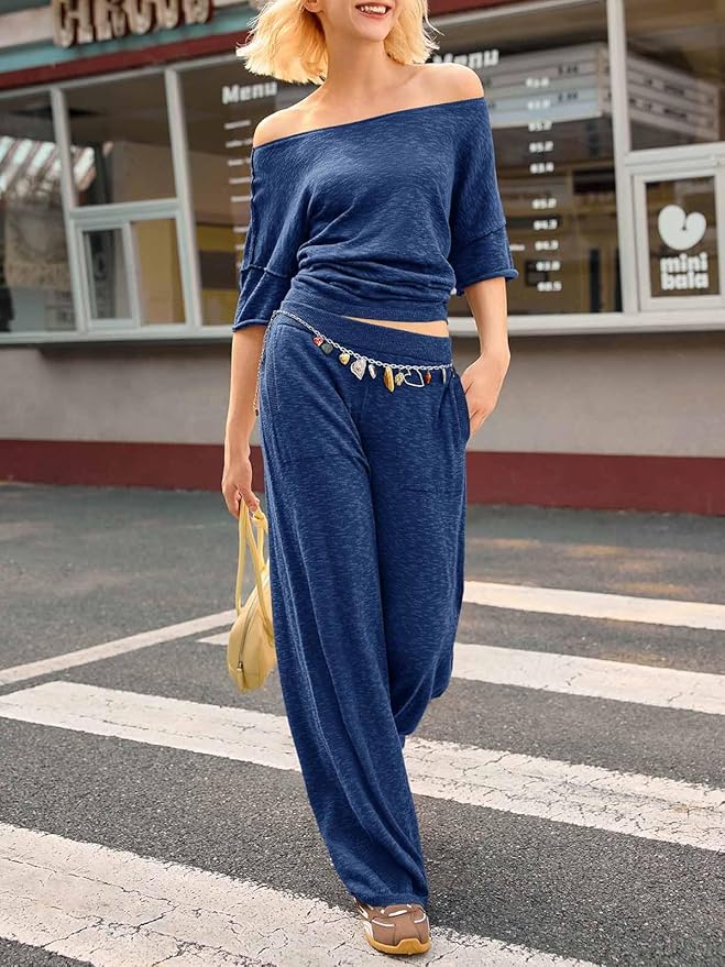 Tankaneo Women's 2 Piece Travel Outfits Casual Short Sleeve Knit Sweater Set Wide Leg Pants Lounge Sets Tracksuit