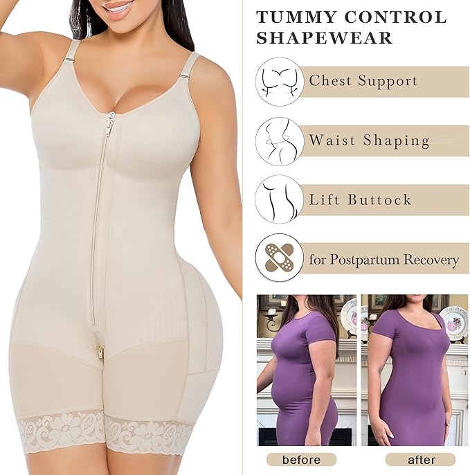 YIANNA Fajas Colombianas Moldeadoras Postpartum Shapewear for Women Tummy Control Butt Lifter Body Shaper with Zipper Crotch