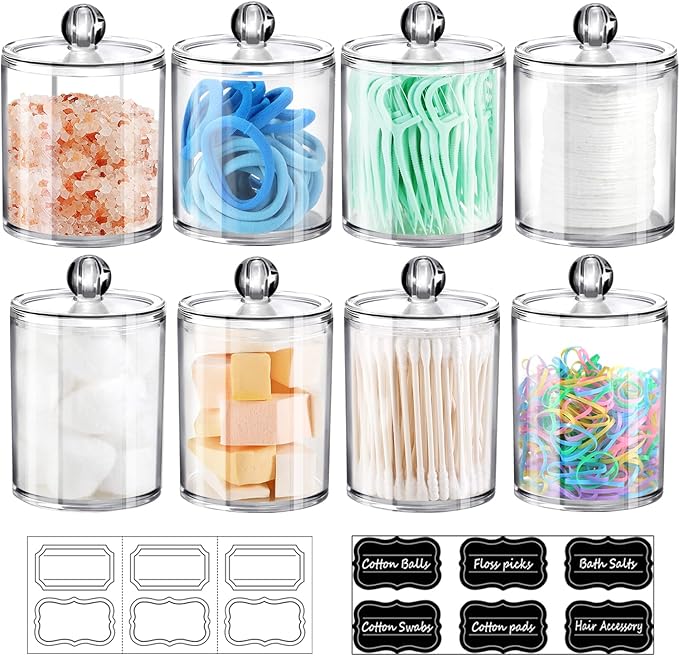 SheeChung 8 Pack Qtip Dispenser Apothecary Jars Bathroom Set with Labels Clear Plastic Qtip Holder Storage Set for Cotton Ball/Swab/Rounds,Floss Picks, Hair Clips，Hair Ties(Clear)