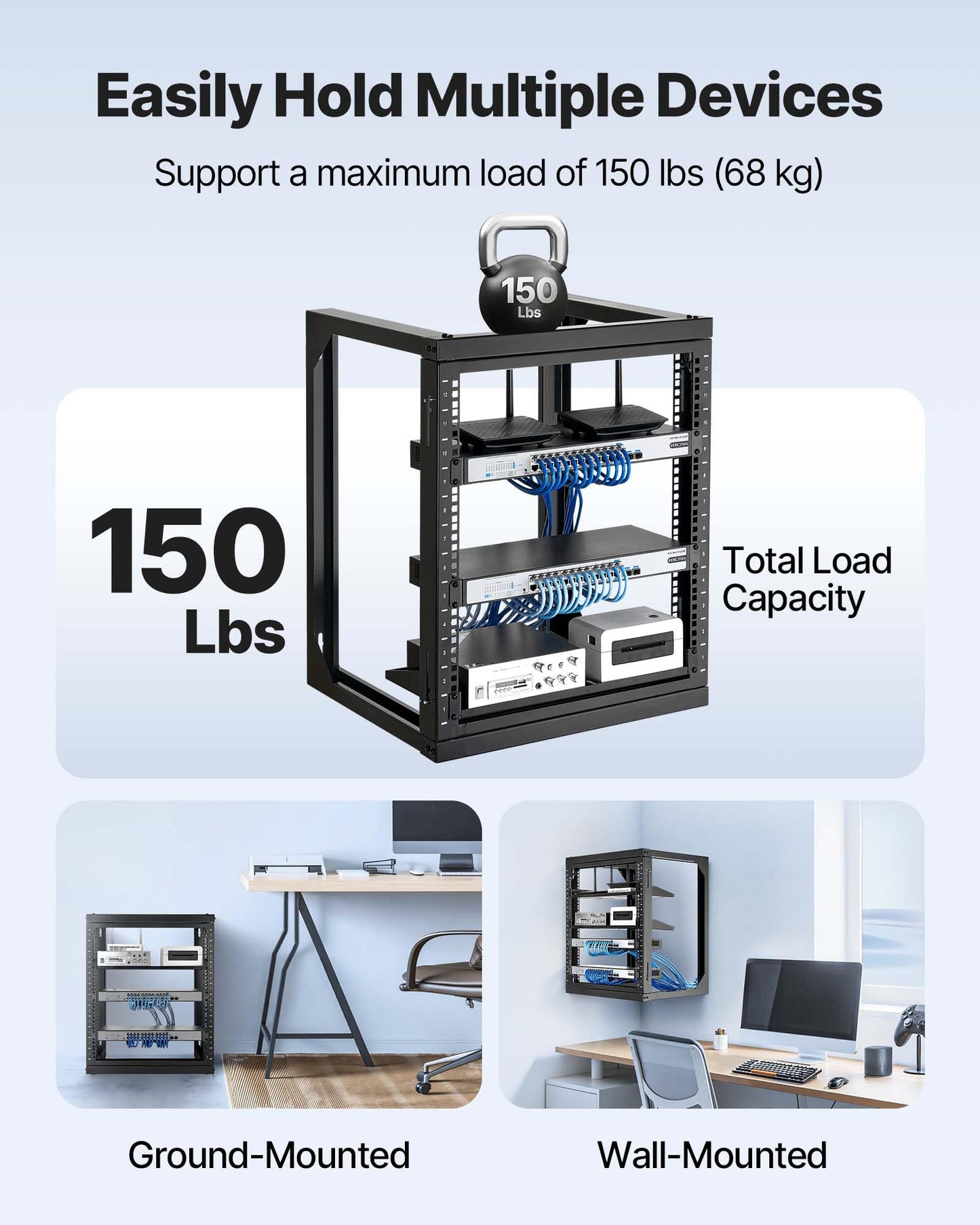 Vevor 12U Open Frame Server Rack, Free Standing Or Wall Mount Rack With 180 Degrees Gate Swing, Network Rack For 19 It Equipment