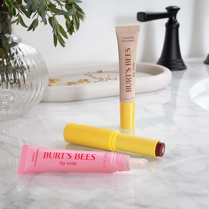 Burt’s Bees Stocking Stuffers, Lip Milk, Daily Lip Moisturizer, Sweet Strawberry, Vitamin Enriched Moisturizing Lip Balm with Almond Milk and Jojoba Oil, Hydrating for Softer Lips, 1 Tube, 0.34 Fl Oz