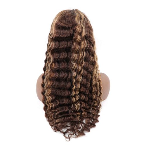 BLY Highlight Human Hair Lace Front Wigs Deep Wave #4/27 Ombre Colored Glueless Wigs Pre Plucked 16 Inch 4x4 Transparent Curly Water Wave Lace Wig Honey Blonde Real Human Hair 180% Density