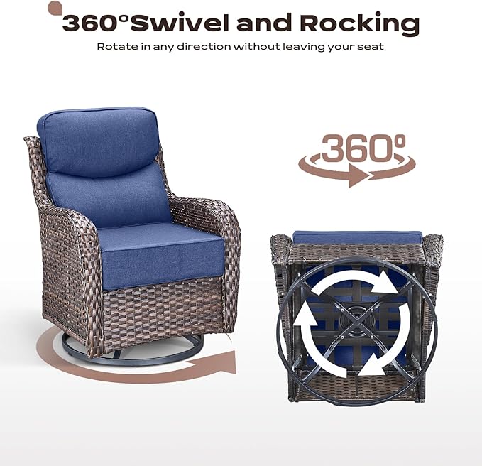 Rilyson Wicker Outdoor Patio Furniture Set - 8 Piece Patio Conversation Sets with Swivel Rocker Chairs, Ottomans, Sofa and Table, 6 inch Cushions, Deep Seating, for Porch Deck Brown/Blue