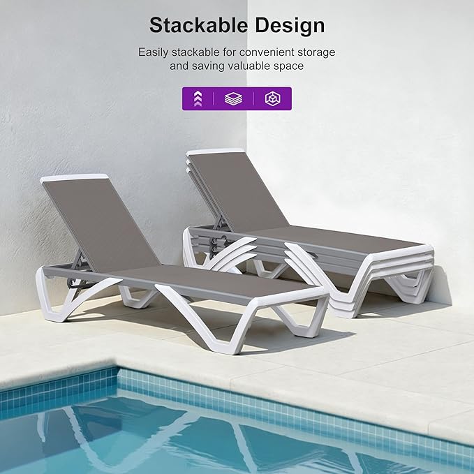 PURPLE LEAF Patio Chaise Lounge Chair Set Outside Aluminum Plastic Stackable Tanning Chairs with Side Table for Pool Sunbathing Beach Deck Outdoor Lounger, Taupe