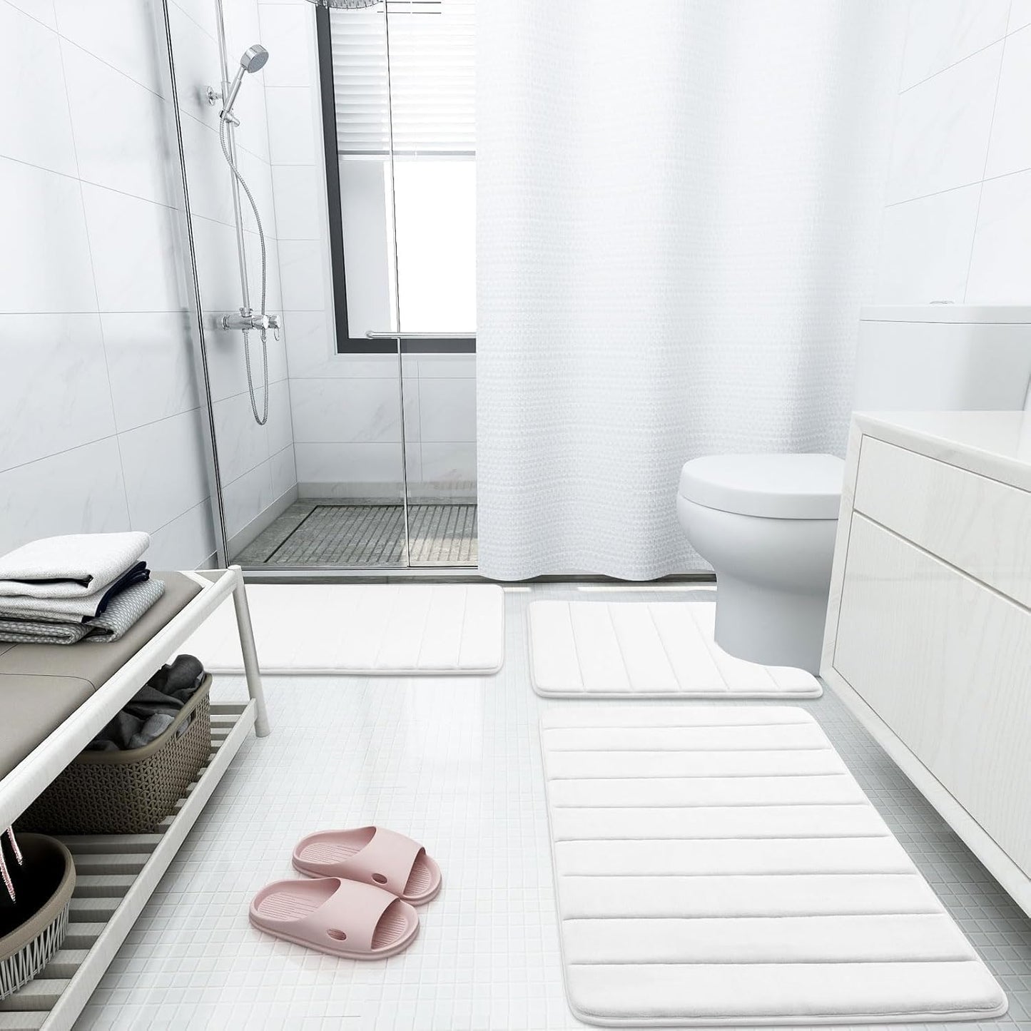 Buganda Memory Foam Bath Mat, 24" x 16", Ultra Soft and Non-Slip Bathroom Rugs, Water Absorbent and Machine Washable Bath Rug for Bathroom, Shower, and Tub, White