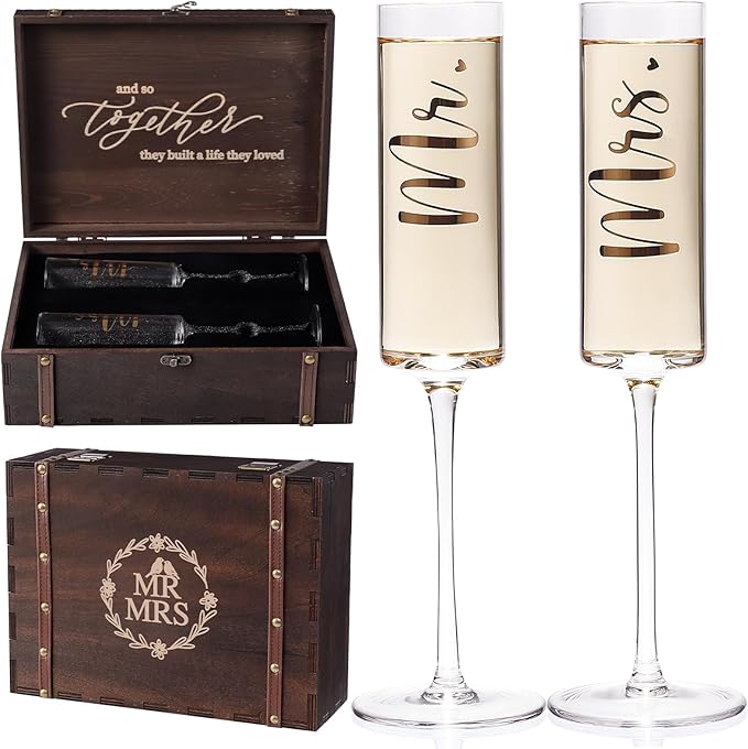 Physkoa Engagement Gifts for Couples-Toasting Mr and Mrs Champagne Glasses with Keepsake Box– Bride and Groom Champagne Fl...