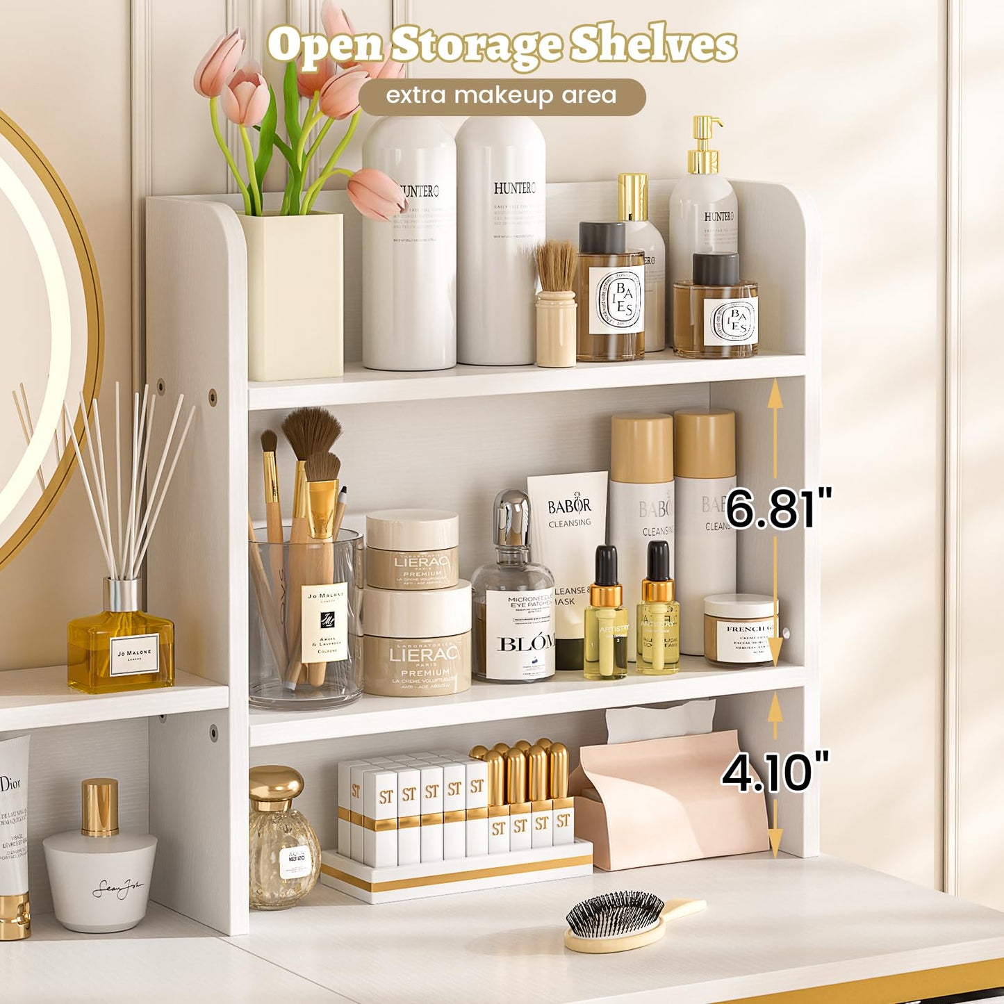 Makeup Vanity Desk No Mirror for Bedroom, Vanity Table Set with 2 Drawer and Open Storage Shelves, Small Vanity for Small Spaces, White and Gold, 31.5in(L)