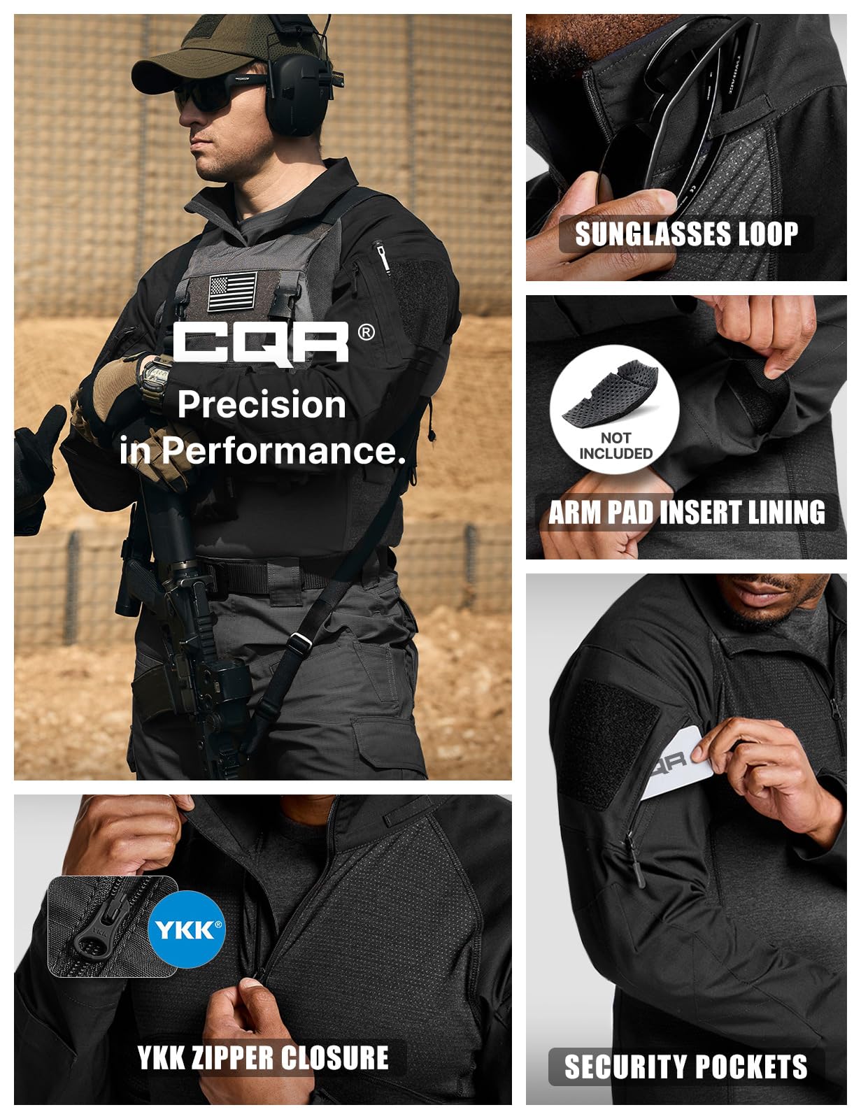 CQR Men's Combat Shirt Tactical 1/4 Zip Long Sleeve Military BDU Shirts Camo EDC Top with Pockets, Raider Black, X-Small