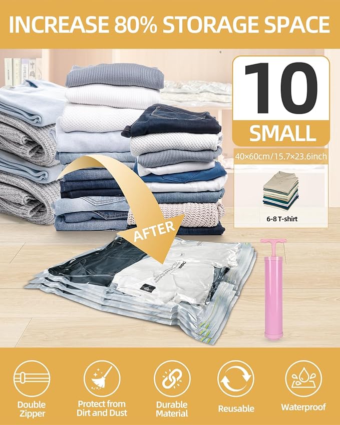 Vacuum Storage Bags Vacuum Seal Bags for Clothing & Bedding, Travel Essentials Hand Pump Included – Ideal for Home, Travel & Moving Use (10S)