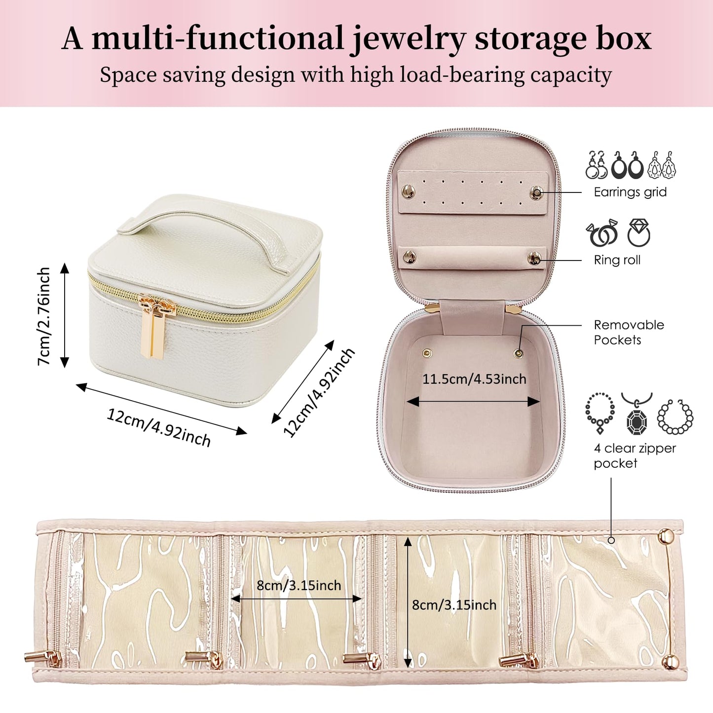 BcePce PU Leather Travel Jewelry Organizer Case with 4 Pouches & Handle, Anti-Tangle Storage Box for Necklace, Earrings, Rings, Compact Jewelry Box for Women Gift (Beige)