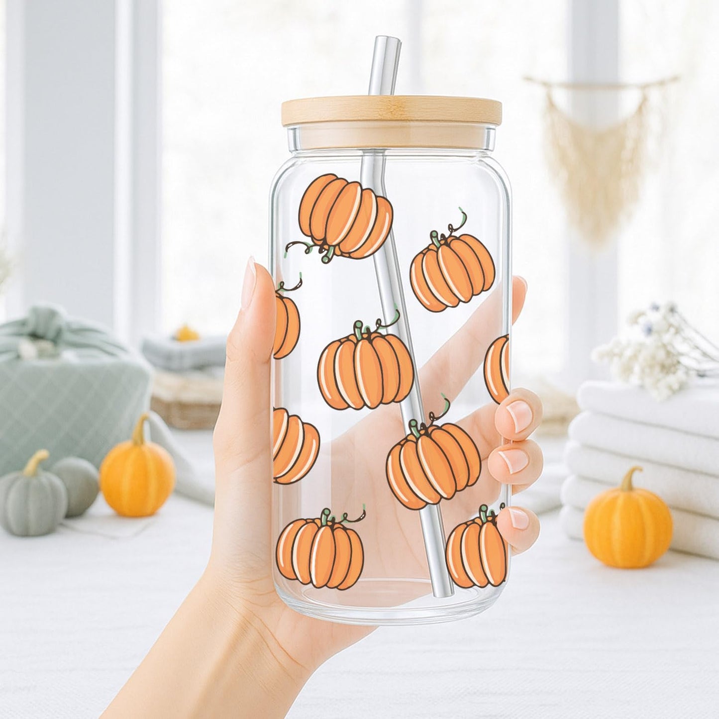 SEWSONG Fall Pumpkin Cup Birthday Gifts for Women Mom Friend Sister,Thanksgiving Glass Tumbler,Pumpkin Mug Glass Cup with Lids and Straws 16oz,Fall Coffee Cups,Halloween Coffee Tumbler