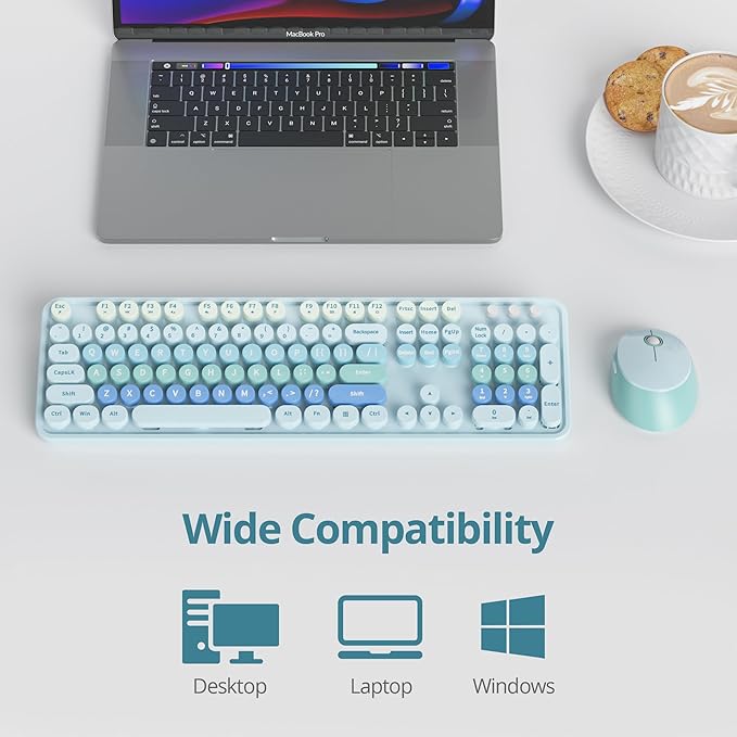 Wireless Keyboard and Mouse Set, Retro Typewriter Keyboard, 2.4GHz Full Size 104-Key Cute Keyboard with Number Pad, Colorful with Round Keycaps for Windows PC Laptop(Blue)