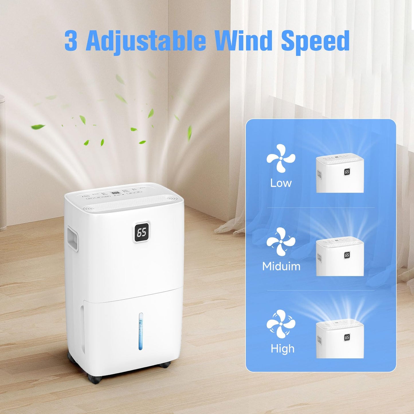 Aqukesu 80 Pint Dehumidifier - Up to 5,000 Sq Ft, for Basement, Bedroom, Bathroom, Living Room, Home, Garage | 3 Fan Speeds, Smart Humidity Control, Auto Drain, Easy Move Wheels