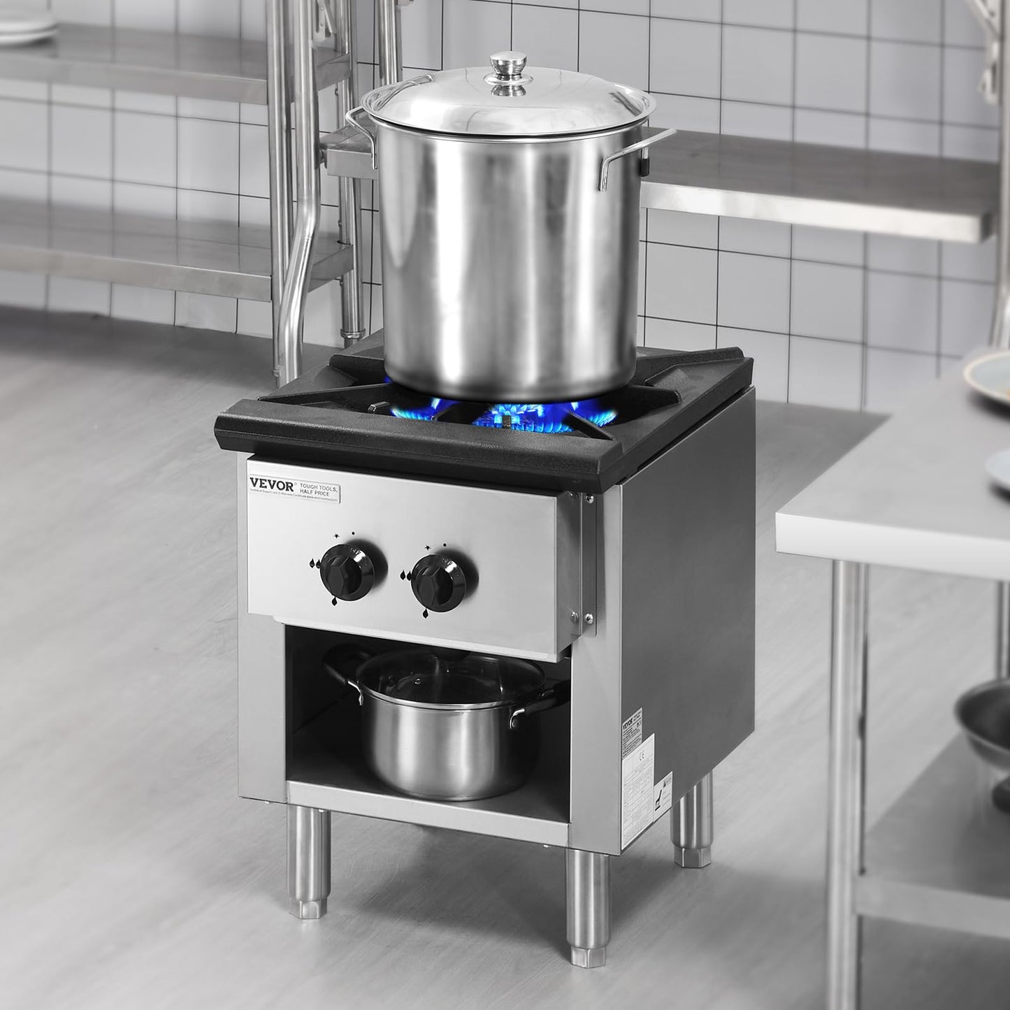 VEVOR Commercial Gas Stove with Cabinet, Propane and Natural Gas Countertop Cooking Stove Range, Stainless Steel Gas Hot Plate, Commercial Cooking Equipment for Restaurant, 90,000 BTU