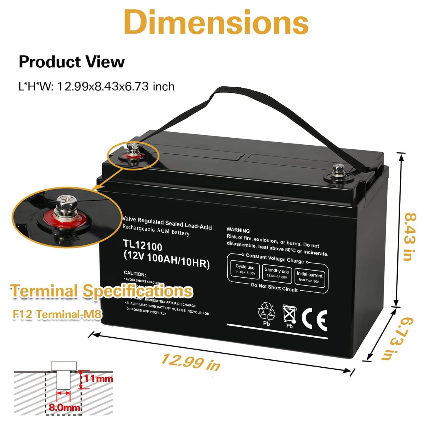 Weize Deep Cycle AGM 12 Volt 100Ah Battery, Maintenance-Free, 3% Self-Discharge Rate, 1150A Max Discharge Current, Perfect for RV, Solar, Trolling Motor, Wind, Marine, Camping and Off-Grid System