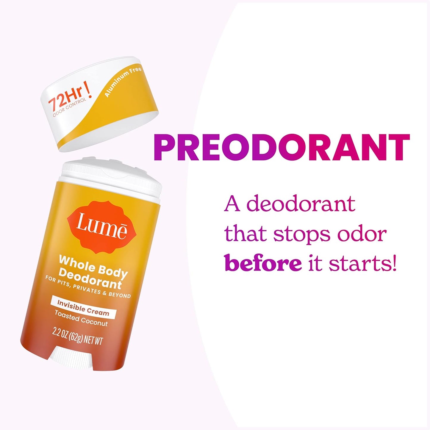 Lume Whole Body Deodorant - Invisible Cream Stick - 72 Hour Odor Control - Aluminum Free, Baking Soda Free, Skin Safe - 2.2 Ounce (Pack of 2) (Toasted Coconut)