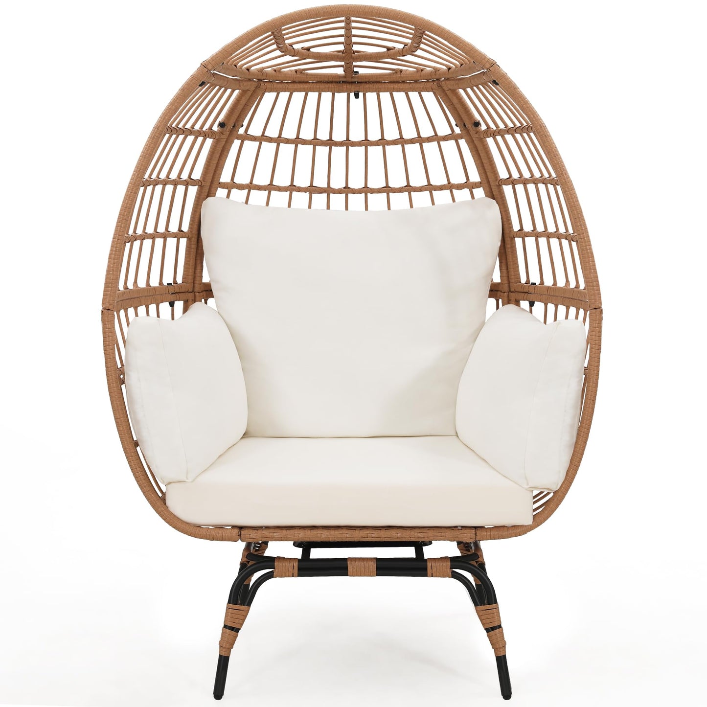 Murago Oversized 360 Swivel Rattan Egg Chair for Adult, Indoor Outdoor Patio Large Wicker Egg Chair with Overstuffed Cushions, 440lb Weight Capacity, Natural Rattan with Beige Cushion