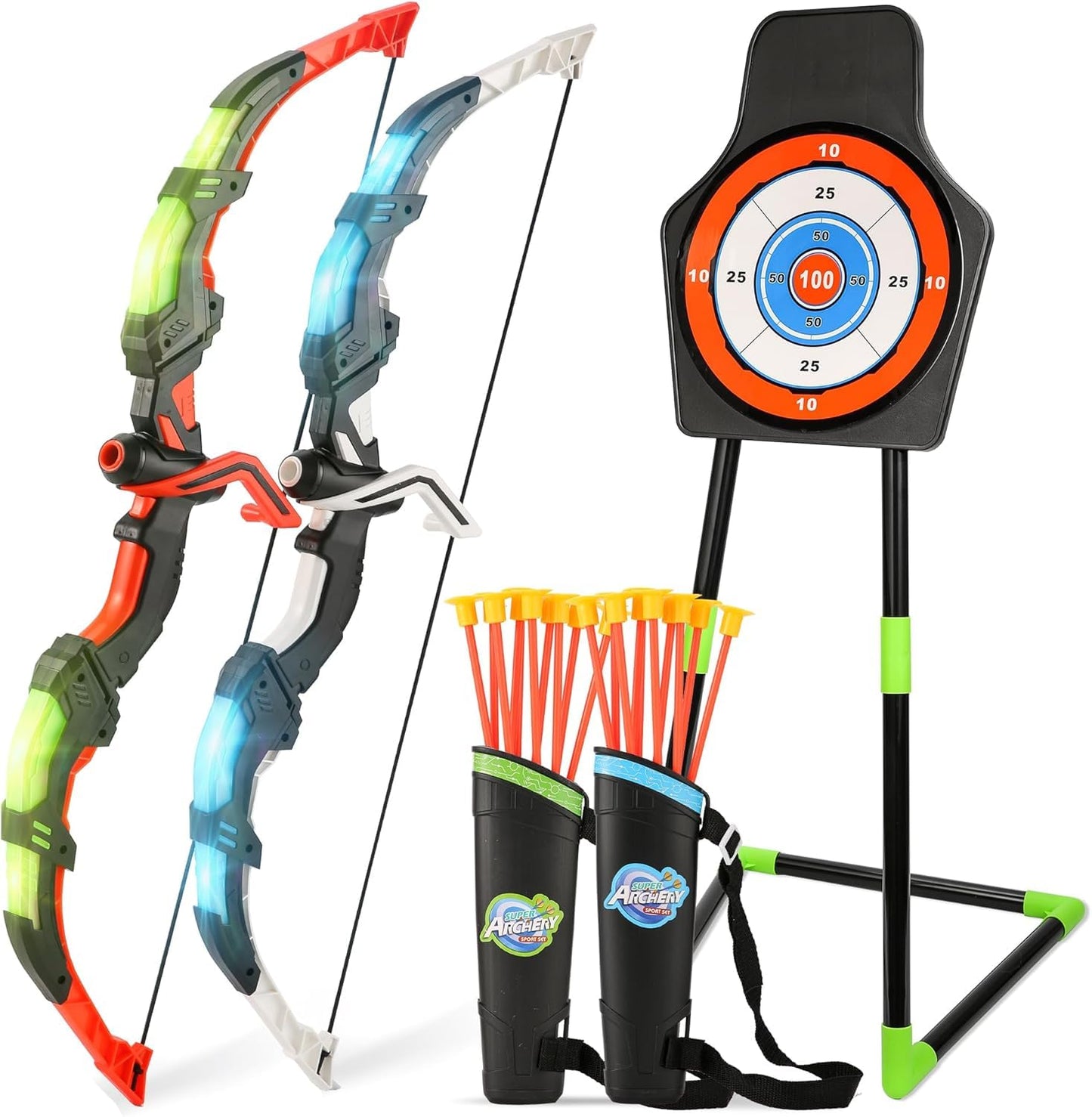Bow and Arrow Set for Kids, 2-Pack LED Light Up Archery Set with 20 Suction Cup Arrows, Indoor and Outdoor Toy for Boys Girls Age 4-8 8-12 with Standing Target&2 Quivers, Birthday Gift 3-12 Years Old