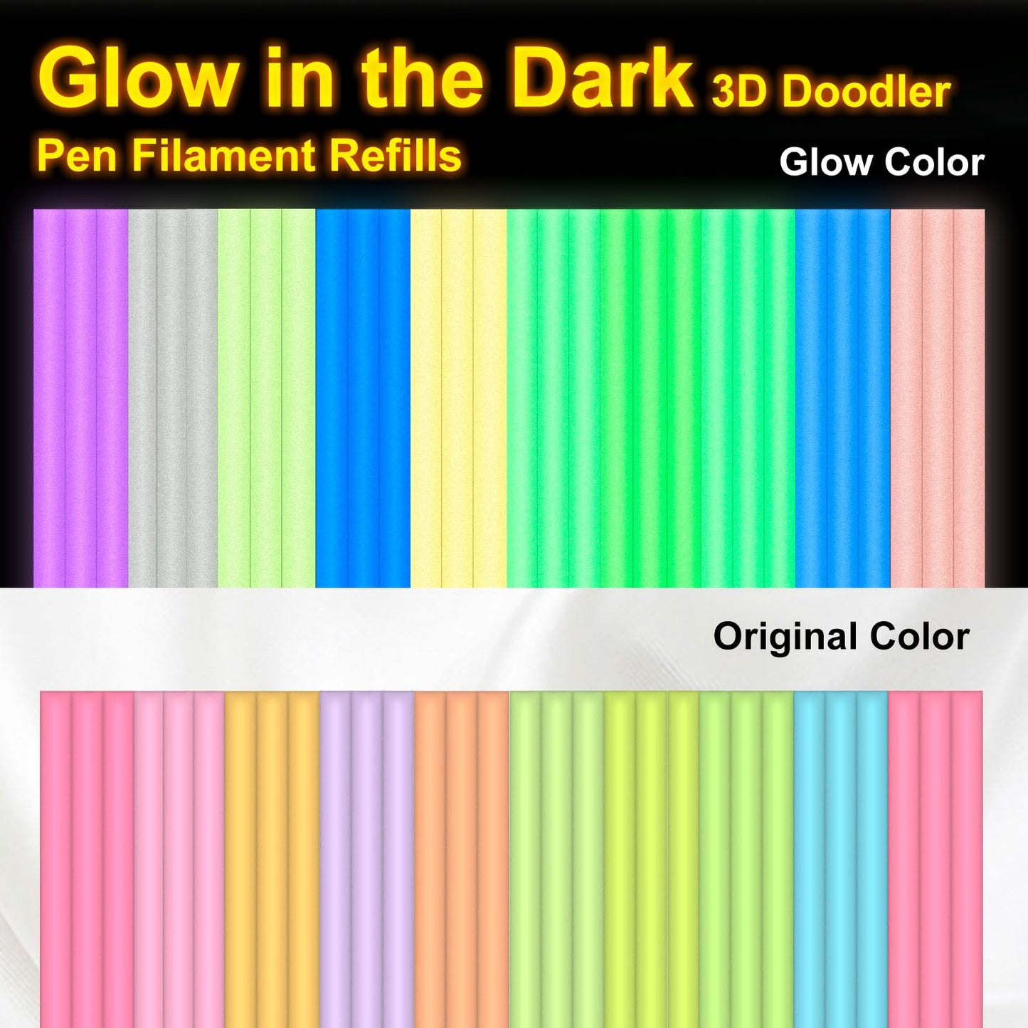 Kretrum Glow in The Dark 3D Doodler Pen Refills for 3Doodler Start+ 3D Pen 2.5mm PCL Filament Refills Packs 10 Colors Glow Filament Each Color 10 pcs Total 100 pcs Only Fit for 3Doodler Start Pen