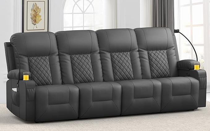 FURNIMAT Oversized Recliner Sofa, 4 Seats Dual Reclining Sofa, PU Leather Loveseat Couch, Modern Recliner Chair for Living Room, with Cup Holder and 2 Cell Phone Holders, USB Ports, Gray