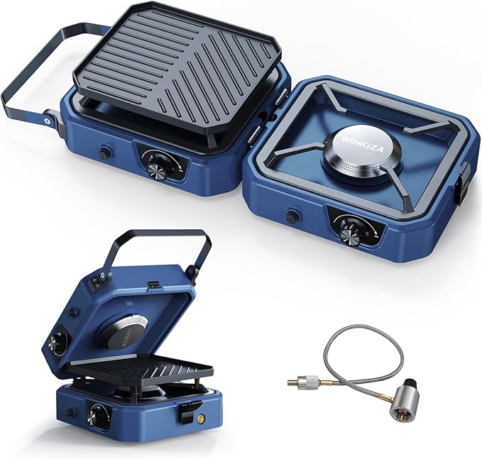 Upgraded WINKIZA 2 Burner Propane Camping Stove with Grill, Foldable Camp Stove with 16,000 BTU, Two Adjustable Burners wi...