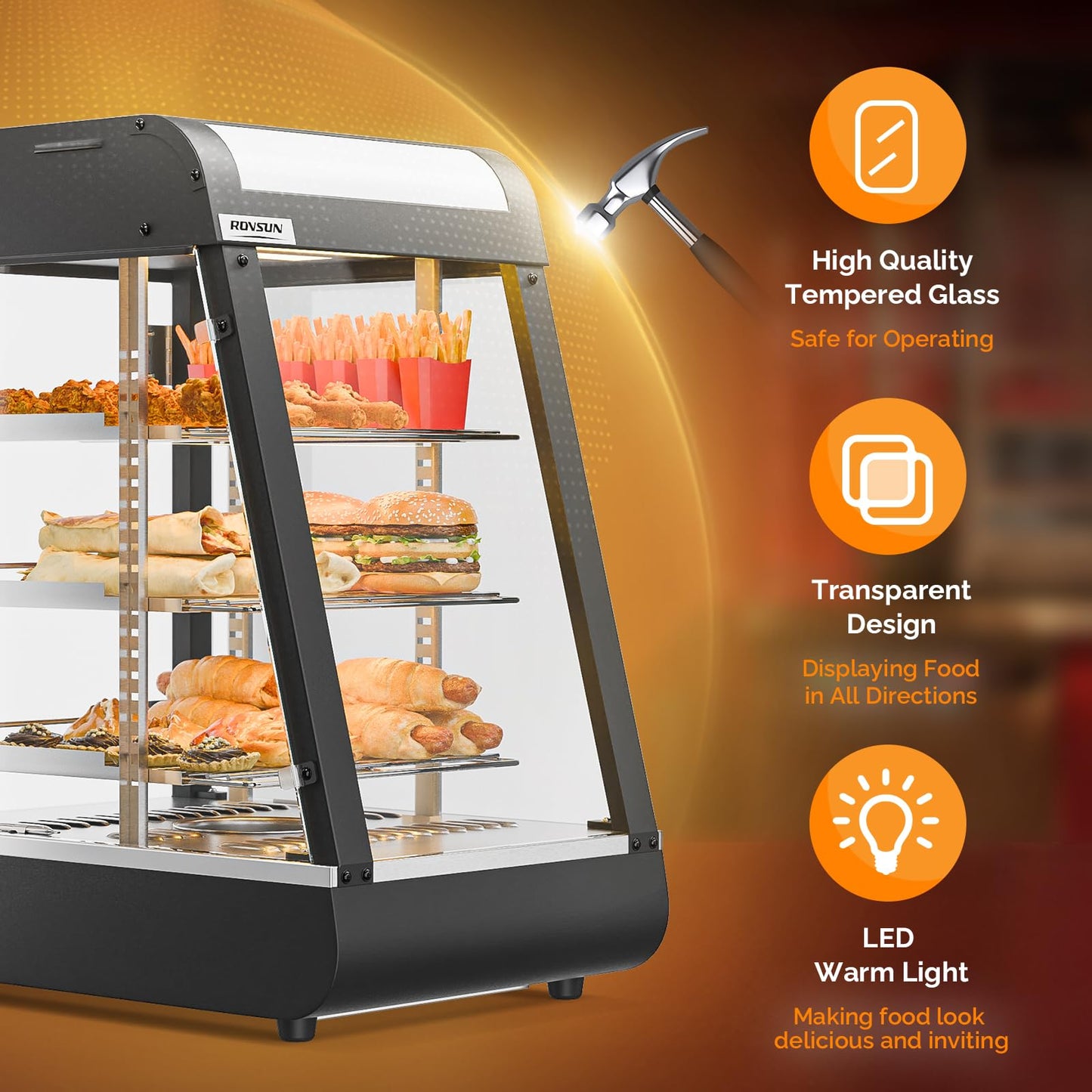 ROVSUN 15" Commercial Food Warmer Display Pizza Warmer, 3-Tier Electric Countertop Food Warmer w/LED Lighting Adjustable Removable Shelves Glass Door, Pretzel Warmer for Buffet Restaurant, 1000W