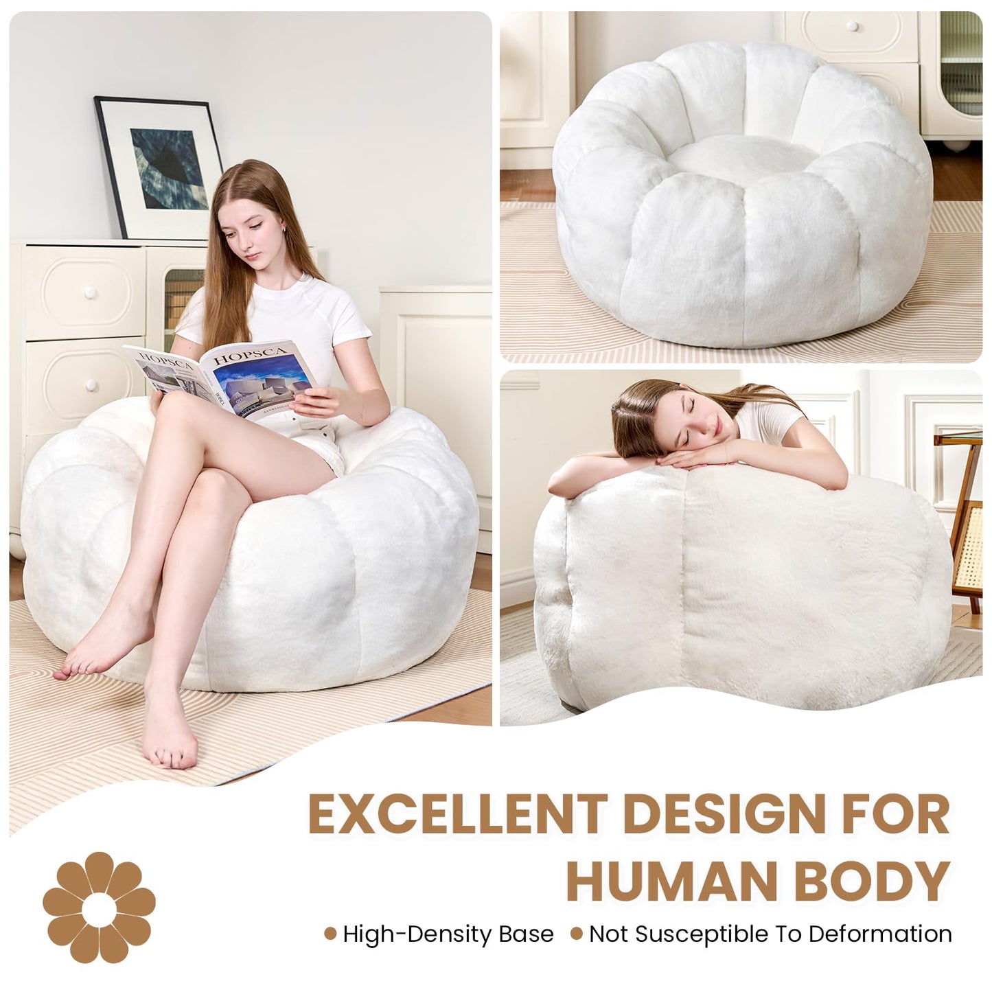 LinkRomat Bean Bag Chairs for Adults, Faux Fur Reading Chair with Petal Arm Rest Fluffy Comfy Chair for Bedroom, Living Room, Dorm, Game - White, Large, Low Support