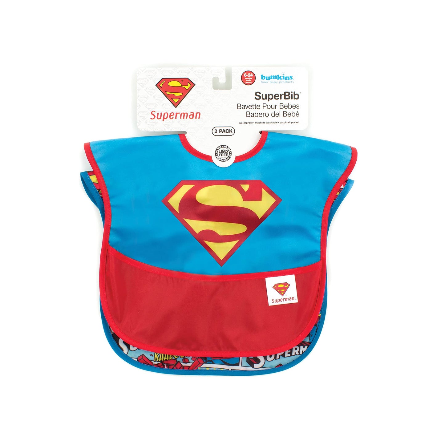 Bumkins Bibs for Girl or Boy, SuperBib Baby and Toddler for 6-24 Months, Essential Must Have for Eating, Feeding, Baby Led Weaning, Mess Saving, Waterproof Soft Fabric, 2-pk Batman and Superman