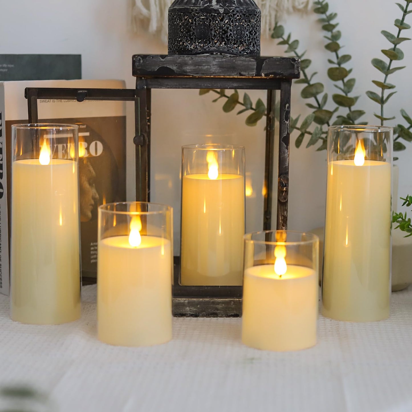 Fo32won Ivory White LED Flameless Pillar Candles Battery Operated with Remote and Timer, Pack of 5 (D 3"×H 4" 5" 6" 8" 8") Decorative Acrylic Flickering Candles with 3D Flame