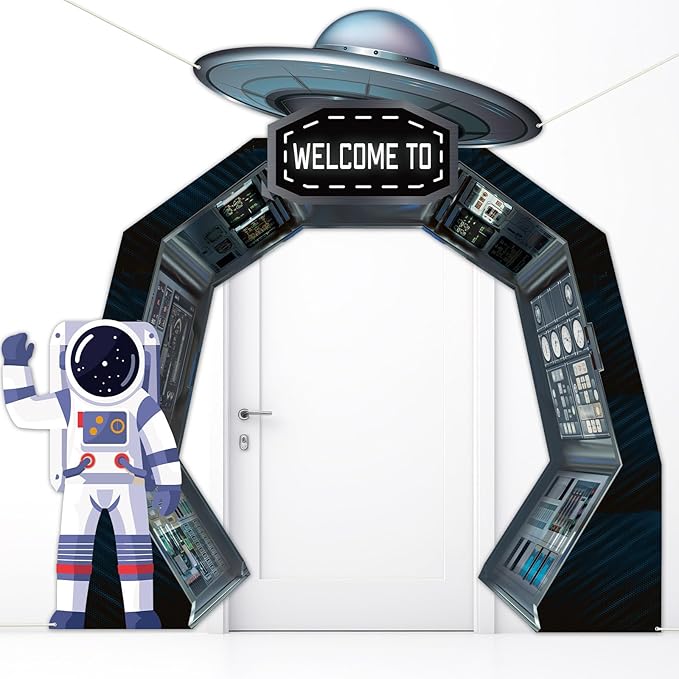3Pcs Outer Space Porch Banner Space Birthday Party Decorations Spaceship Hanging Banner Astronaut Planet Door Covers Backd...