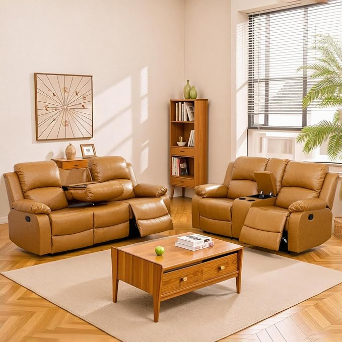 Caberryne Leather Recliner Sofa Set, 2 Pieces, Ginger, Modern Style, Bonded Leather, Sofa & Loveseat, Manual Recline, 82x37x40 inches, 1200 pounds