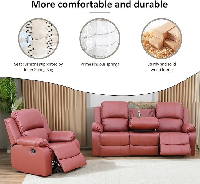 A Ainehome Living Room Furniture Set Leather Recliner Sofa Set Loveseat Chair Furniture Sofa Set for Living Room/Small Space/Rv/House/Office/Theater Seating (A-Red Leather, Sofa+Chairs)