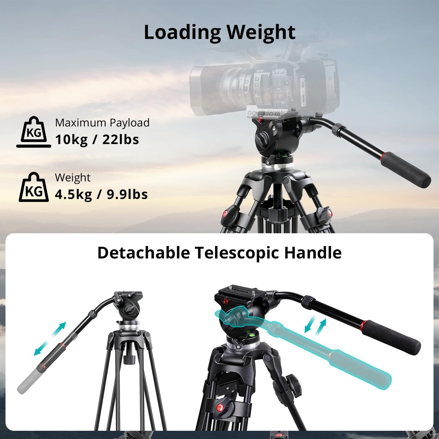 GVM 67" Video Tripod with Adjustable Damping Fluid Head, Metal Heavy Duty Dual-Mode QR Plate Compatible Flexible 360° Pan+90°/-75° Tilt, Max Load 22lb/10kg, for DSLR, Camcorders and Video Shooting