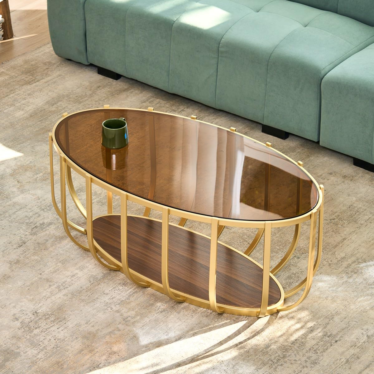 AGV LIGHTING Oval Glass Coffee Table with Gold Metal Frame, Modern Glam Glass Coffee Table, Amber Tempered Glass Top with Lower Walnut Shelf, Modern Gold Coffee Table for Living Room