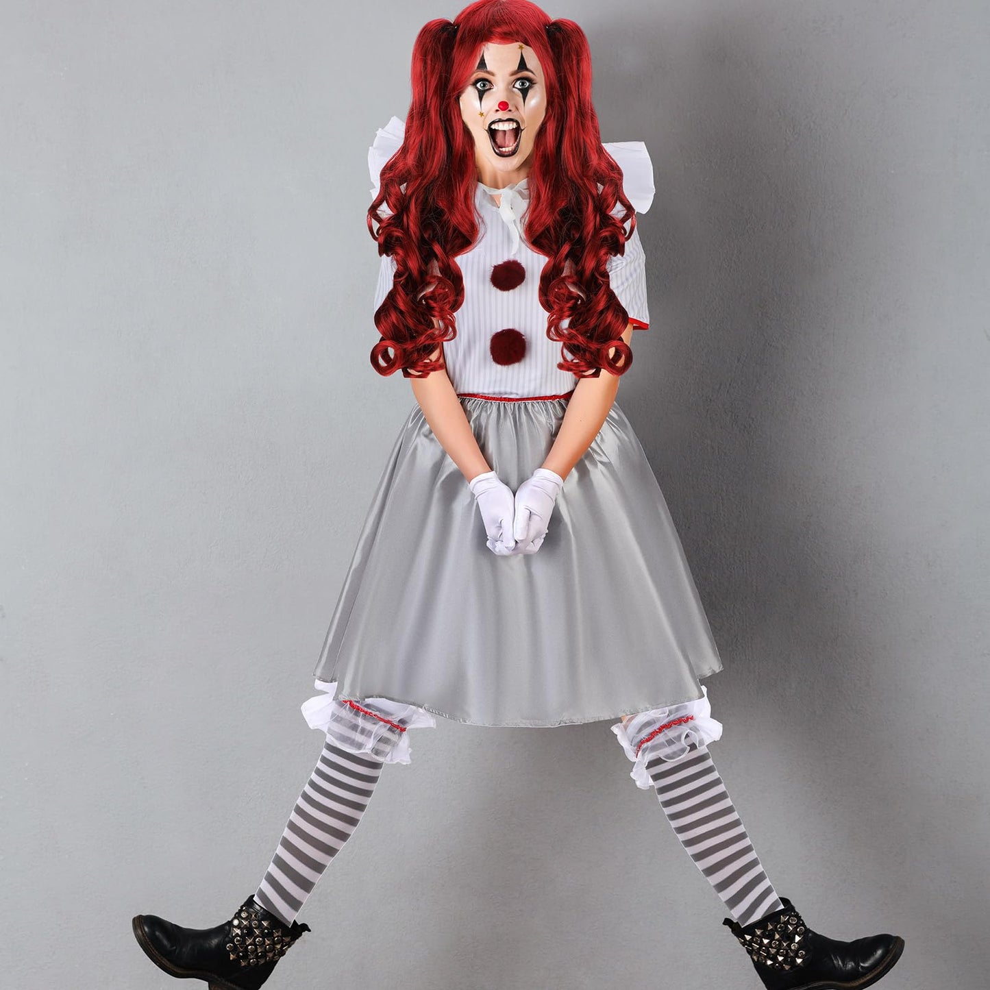 Toulite Halloween Carnevil Clown Costume for Women Clown Wig Dress up Clown Costume for Halloween Scary Cosplay Party (Large), White