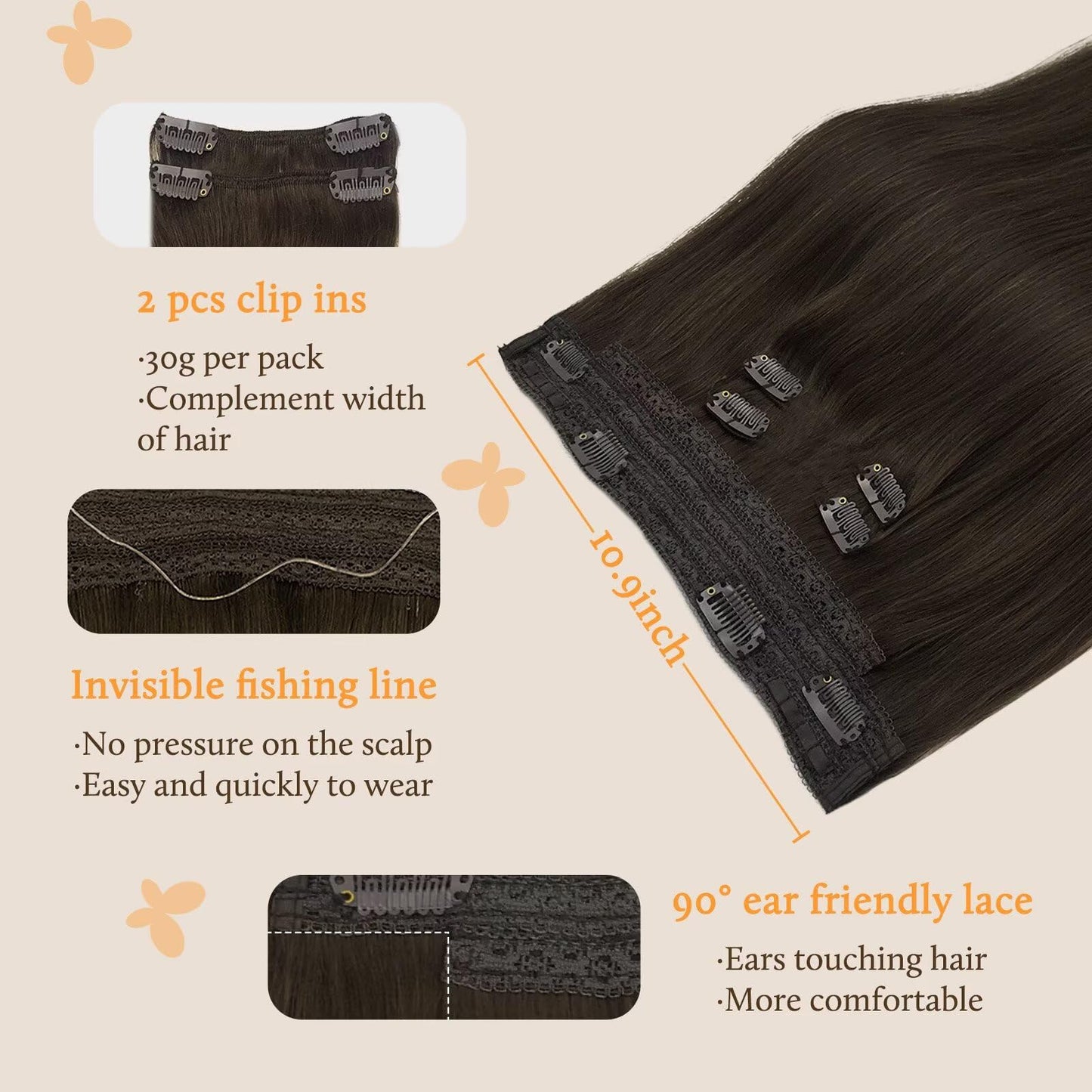 DOORES Wire Hair Extensions, Light Dark Brown 14 Inch 75g Fish Line Weft Extensions and 2pcs 30g Clip ins, 105g Invisible Wire R