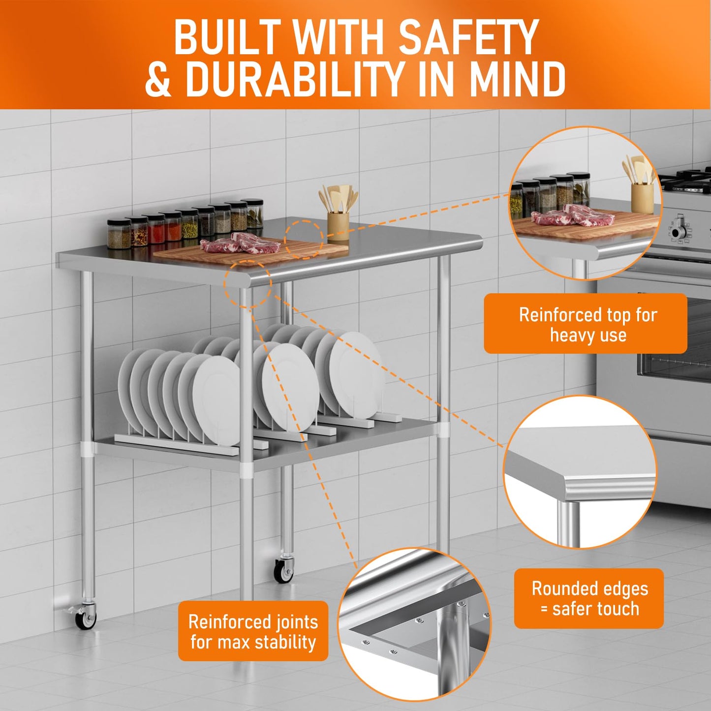 HOCCOT Stainless Steel Table with Wheels 30" x 36" Utility Worktable with Adjustable Undershelf for Commercial Kitchen, Garage, Restaurant