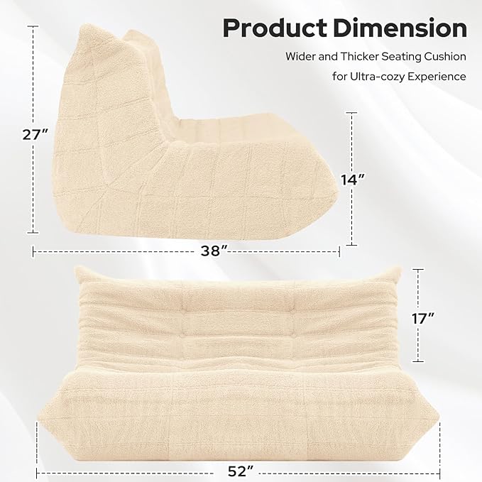 HABUTWAY Bean Bag Chairs Fireside Lazy Floor Sofa, Soft Teddy Fleece 2 Seater Sofa with High-Resilience Foam Filling，Beanbag for Living Room, Bedroom, Office (Khaki Teddy)