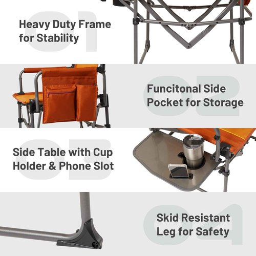 Timber Ridge Aluminum Camping Directors Chair with Side Table Pocket, Portable Folding Chair, Heavy Duty Lawn Chair for Fishing Trip Picnic Concert Outdoor 400lbs, Orange