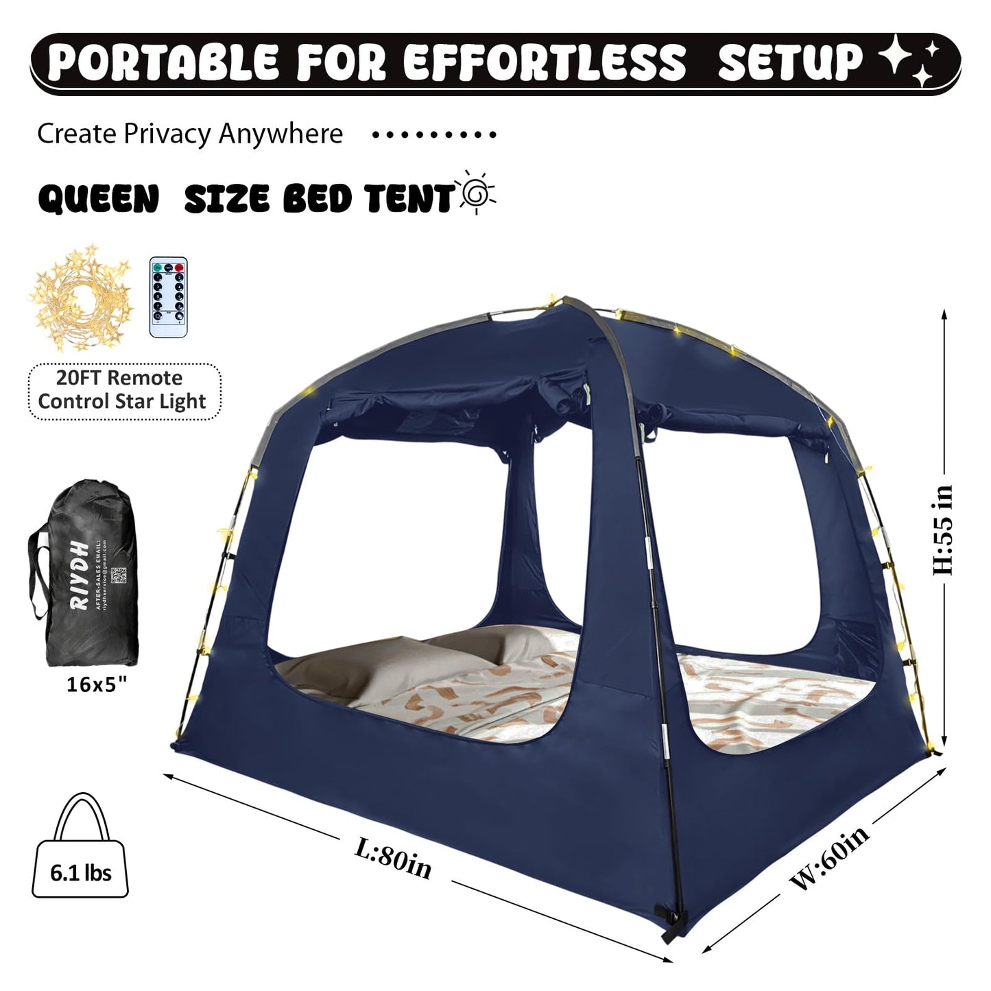 RIYDH Bed Tent Bed Canopy Breathable 100% for Adult and Kids Light Reduction Sleeping Dream Tents Indoor Portable Big Space with String Light 4 Doors Twin Full Queen King Size