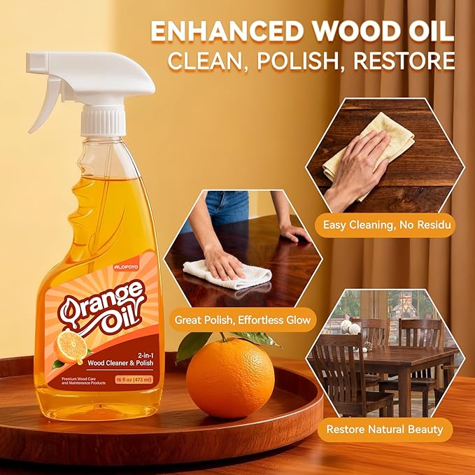 2-in-1 Wood Cleaner Furniture Polish - 2Pack Natural Orange Oil Spray Protect Wood Surface Safely, Enhanced Furniture Restorer Finish Cabinets, Tables, Antique, Floor, 32oz Total